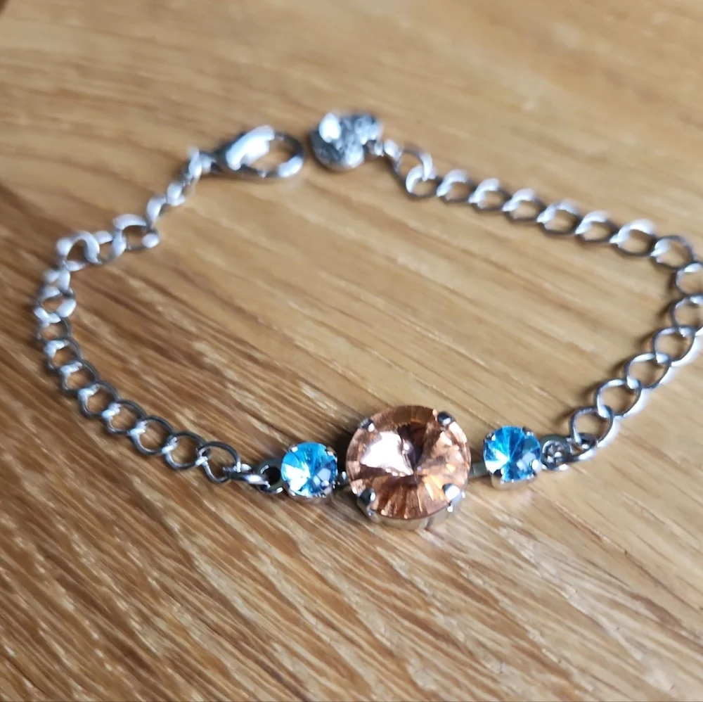 Blue & Orange Crystal Silver Chain Bracelet | Handmade